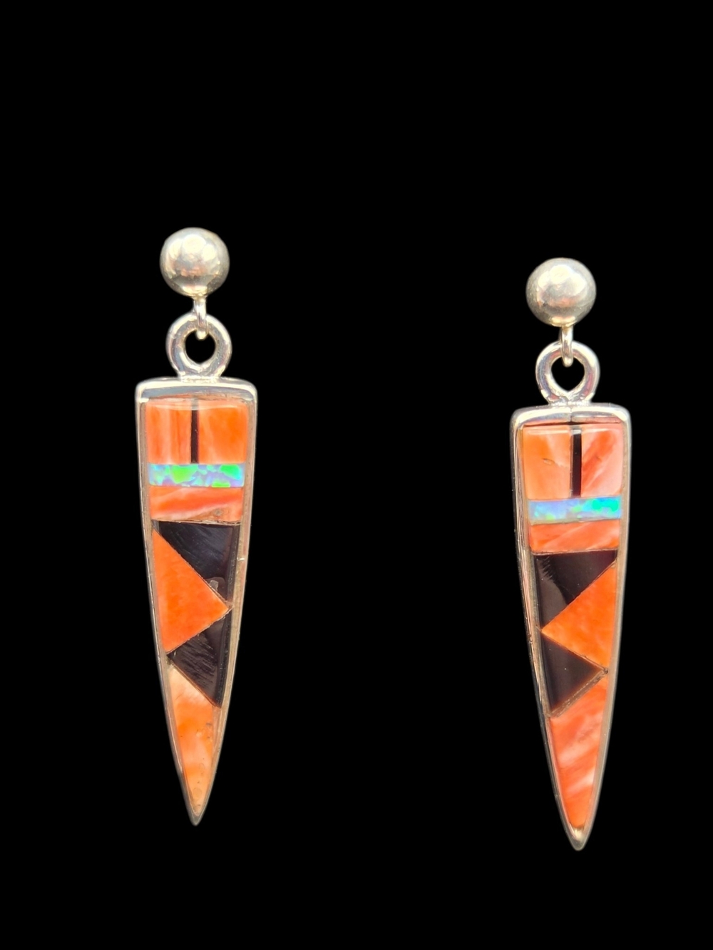 Sterling Silver Orange Spiny Oyster Inlay Triangle Drop Earrings